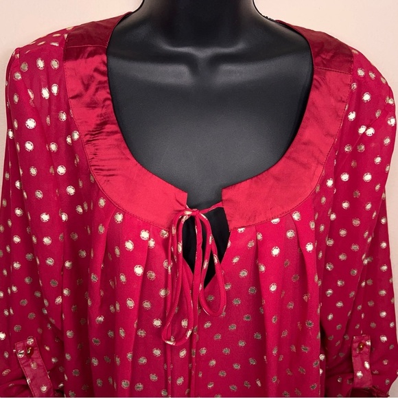 NEW 1X NY Collection Red Gold Polka Dot Blouse Peasant Roll Tab Sleeve Plus - Picture 5 of 15
